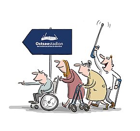 Messe Cartoon mit Menschen mit Krückstock, Gehhilfe und Rollstuhl, die dem Schild "Ostseestadion" folgen.